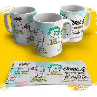 Tres tazas blancas con diseños Flork y letra de Karol G "Bichota" sobre un fondo amarillo vibrante, acompañadas de la plantilla de sublimación extendida.