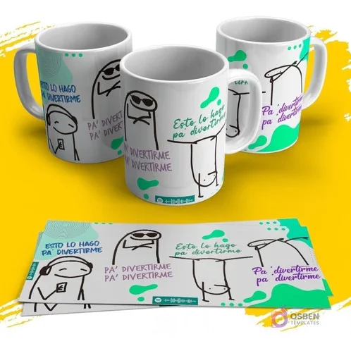 Tres tazas blancas con Flork usando gafas de sol y la frase "Esto lo hago pa' divertirme", acompañada de la plantilla extendida en un fondo amarillo.