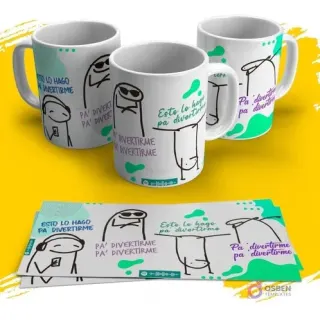 Tres tazas blancas con Flork usando gafas de sol y la frase "Esto lo hago pa' divertirme", acompañada de la plantilla extendida en un fondo amarillo.