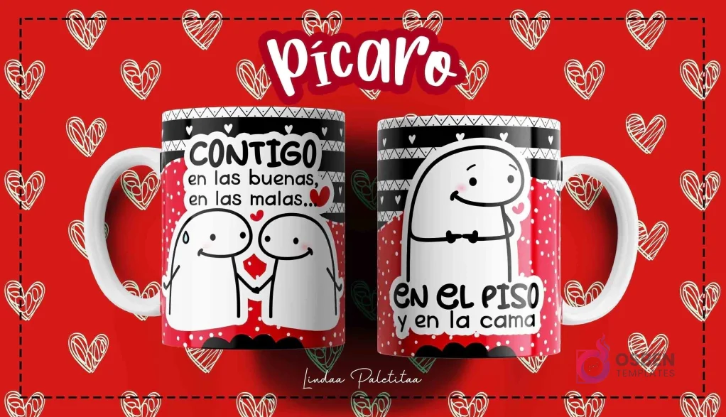 Taza Flork blanca con diseño de dos personajes Flork abrazados y frase "Contigo en las buenas, en las malas..." y "En el piso y en la cama", sobre fondo rojo de corazones.