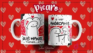 Taza Flork blanca con diseño de personaje Flork con manos grandes y frase "¡Qué manos tienes...!" y otro Flork con las manos al cuello y frase "A ver, ahórcame", sobre fondo rojo de corazones.