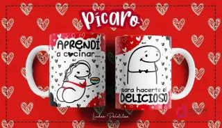 Taza Flork blanca con diseño de personaje Flork cocinando y frase "Aprendí a cocinar..." y otro Flork sonriente con frase "Para hacerte el delicioso", sobre fondo rojo de corazones.