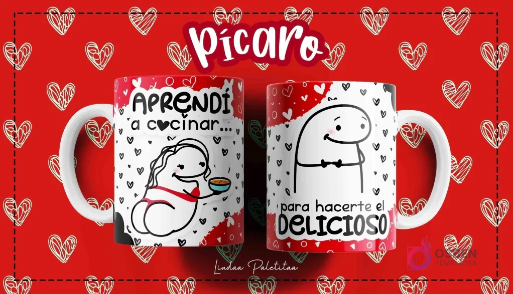 Taza Flork blanca con diseño de personaje Flork cocinando y frase "Aprendí a cocinar..." y otro Flork sonriente con frase "Para hacerte el delicioso", sobre fondo rojo de corazones.