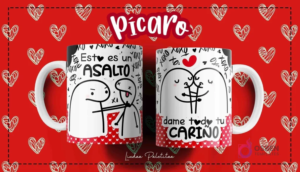 Taza Flork blanca con diseño de personaje Flork asaltando a otro y frase "Esto es un asalto" y otro Flork abrazando a otro con frase "dame todo tu cariño", sobre fondo rojo de corazones.