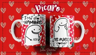 Taza Flork blanca con diseño de personaje Flork sonriente y frase "Me dio hambre" y otro Flork pensativo con frase "¿Te puedo comer?", sobre fondo rojo de corazones.