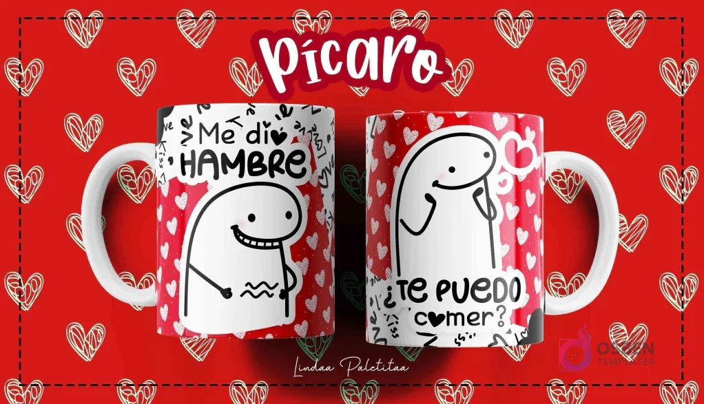 Taza Flork blanca con diseño de personaje Flork sonriente y frase "Me dio hambre" y otro Flork pensativo con frase "¿Te puedo comer?", sobre fondo rojo de corazones.