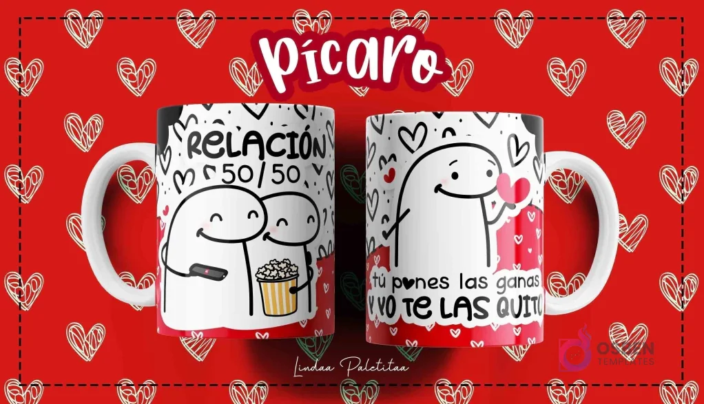 Taza Flork blanca con diseño de dos personajes Flork sentados viendo TV con palomitas y frase "Relación 50/50" y otro Flork con corazón y frase "tú pones las ganas y yo te las quito", sobre fondo rojo de corazones.