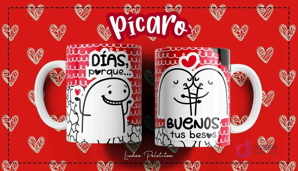 Taza Flork blanca con diseño de personaje Flork saludando y frase "Días, porque..." y dos Flork besándose con frase "Buenos tus besos", sobre fondo rojo de corazones.