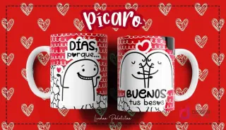 Taza Flork blanca con diseño de personaje Flork saludando y frase "Días, porque..." y dos Flork besándose con frase "Buenos tus besos", sobre fondo rojo de corazones.