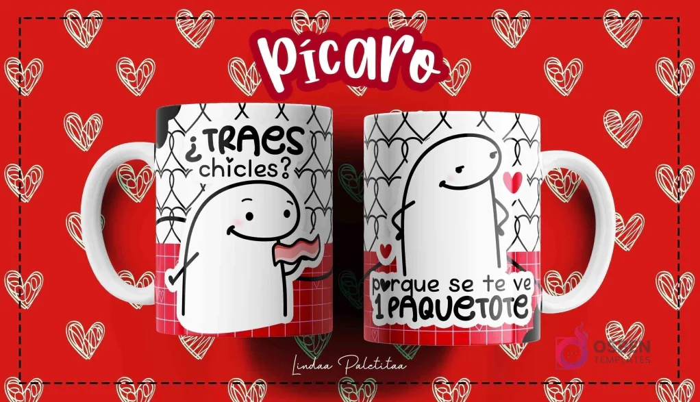 Taza Flork blanca con diseño de personaje Flork preguntando "¿Traes chicles?" y otro Flork con paquete bulto y frase "Porque se te ve un paquetote", sobre fondo rojo de corazones.