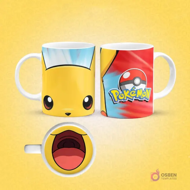 Taza de sublimación de Pikachu con diseño frontal y logo Pokémon en el reverso, boca abierta amarilla en el interior, sobre fondo amarillo con patrones.