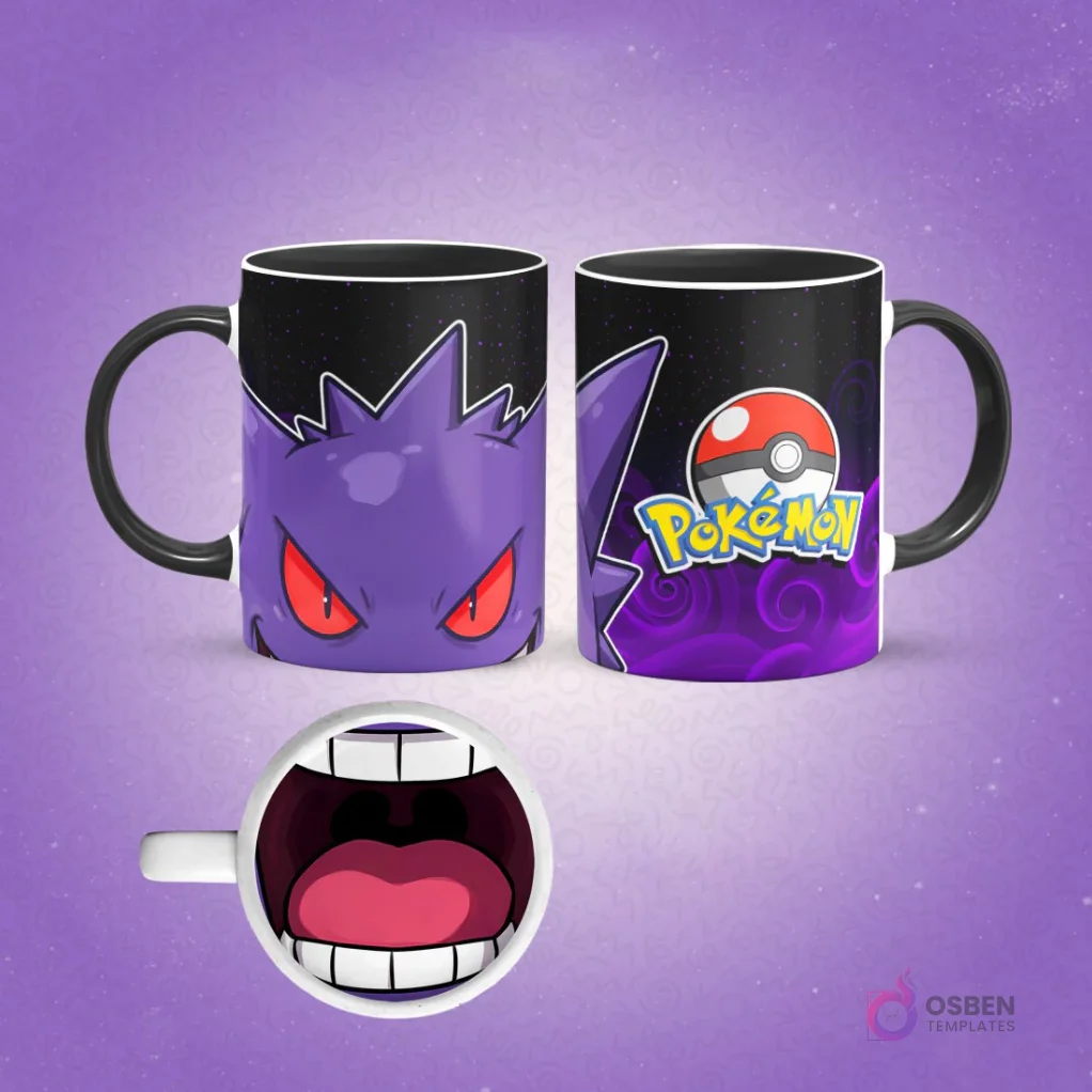 Taza de sublimación de Pokémon Gengar morado y negro con ojos rojos, logo de Pokémon y nubes en el reverso, interior con boca de Gengar, sobre fondo morado oscuro.