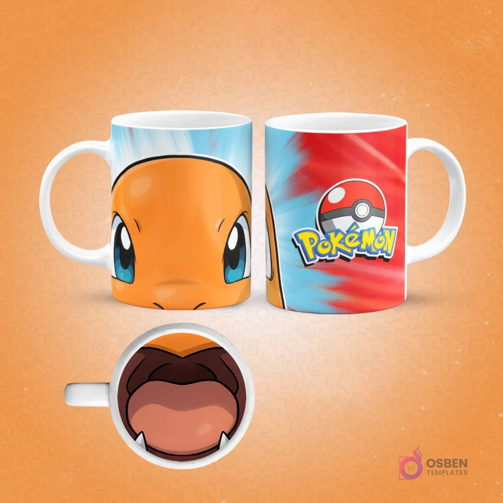 Taza de sublimación de Pokémon Charmander naranja con fondo azul claro y logo Pokémon en el reverso, interior con boca de Charmander, sobre fondo naranja.