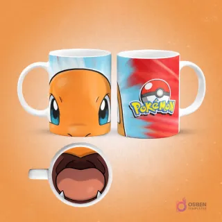 Taza de sublimación de Pokémon Charmander naranja con fondo azul claro y logo Pokémon en el reverso, interior con boca de Charmander, sobre fondo naranja.