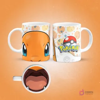 Taza de sublimación de Pokémon Charmander naranja con fondo blanco y patrones de Pokebolas y estrellas, interior con boca de Charmander, sobre fondo naranja claro.