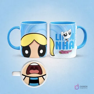 Taza de sublimación de Burbuja de Las Chicas Superpoderosas con diseño 'Lindinha' y logo del show, asa azul, interior con boca de Burbuja, sobre fondo azul claro.