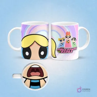 Taza de sublimación de Burbuja de Las Chicas Superpoderosas con las tres heroínas en el reverso, asa blanca, interior con boca de Burbuja, sobre fondo azul claro con degradado pastel.