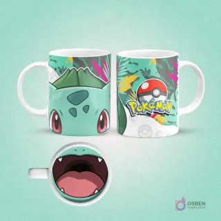 Taza de sublimación de Pokémon Bulbasaur verde con fondo tropical de hojas y logo Pokémon en el reverso, interior con boca de Bulbasaur, sobre fondo verde agua.