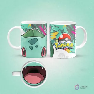 Taza de sublimación de Pokémon Bulbasaur con fondo de hojas exóticas en tonos verdes y rosas y logo Pokémon, interior con boca de Bulbasaur en tono verde, sobre fondo verde agua.