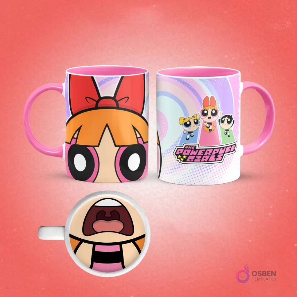 Taza de sublimación de Bombón de Las Chicas Superpoderosas con las tres heroínas en el reverso, asa rosa, interior con boca de Bombón, sobre fondo rosa claro con degradado pastel.