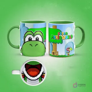Taza de sublimación de Yoshi pixelado de Super Mario con asa verde y un paisaje del Reino Champiñón, interior con boca de Yoshi, sobre fondo verde.
