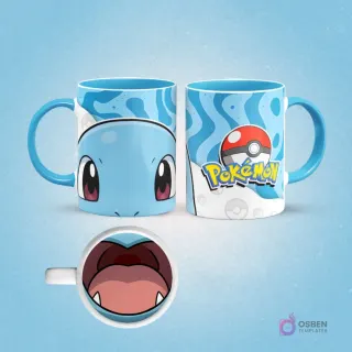 Taza de sublimación de Pokémon Squirtle azul con asa azul, fondo acuático de remolinos y logo Pokémon, interior con boca de Squirtle, sobre fondo azul claro.