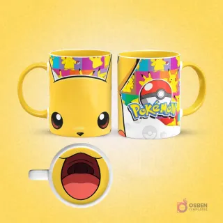 Taza de sublimación de Pikachu con asa amarilla, fondo de patrones coloridos abstractos y logo Pokémon, interior con boca de Pikachu, sobre fondo amarillo brillante.