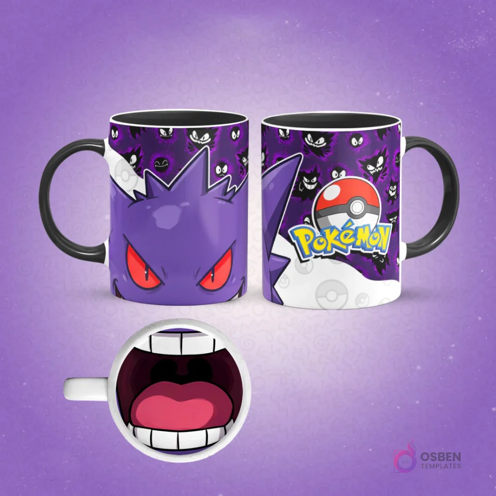 Taza de sublimación de Gengar con asa negra, fondo de fantasmas Gengar y logo Pokémon, interior con boca de Gengar, sobre fondo morado oscuro.