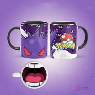 Taza de sublimación de Gengar con asa negra, fondo de fantasmas Gengar y logo Pokémon, interior con boca de Gengar, sobre fondo morado oscuro.
