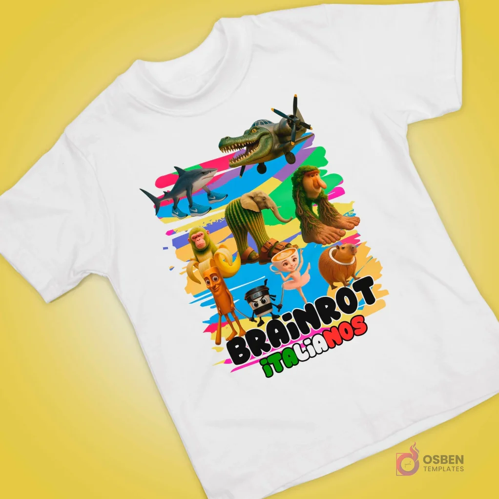 Polera blanca con estampado de colección "Brainrot Italianos", personajes animados únicos: dinosaurio, tiburón, elefante, mono, capibara, taza ninja, taza bailarina y figura de palo.