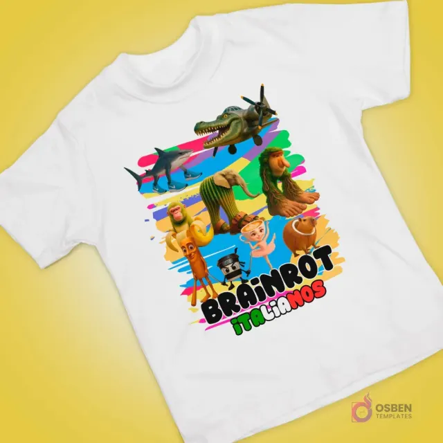 Polera blanca con estampado de colección "Brainrot Italianos", personajes animados únicos: dinosaurio, tiburón, elefante, mono, capibara, taza ninja, taza bailarina y figura de palo.