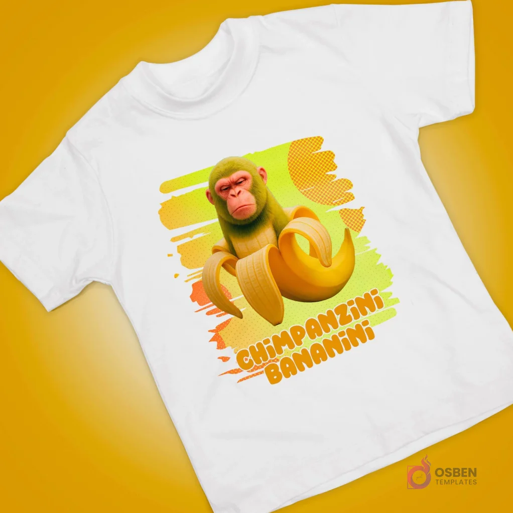 Polera blanca con estampado de mono animado travieso sosteniendo bananas peladas, sobre un fondo amarillo vibrante.