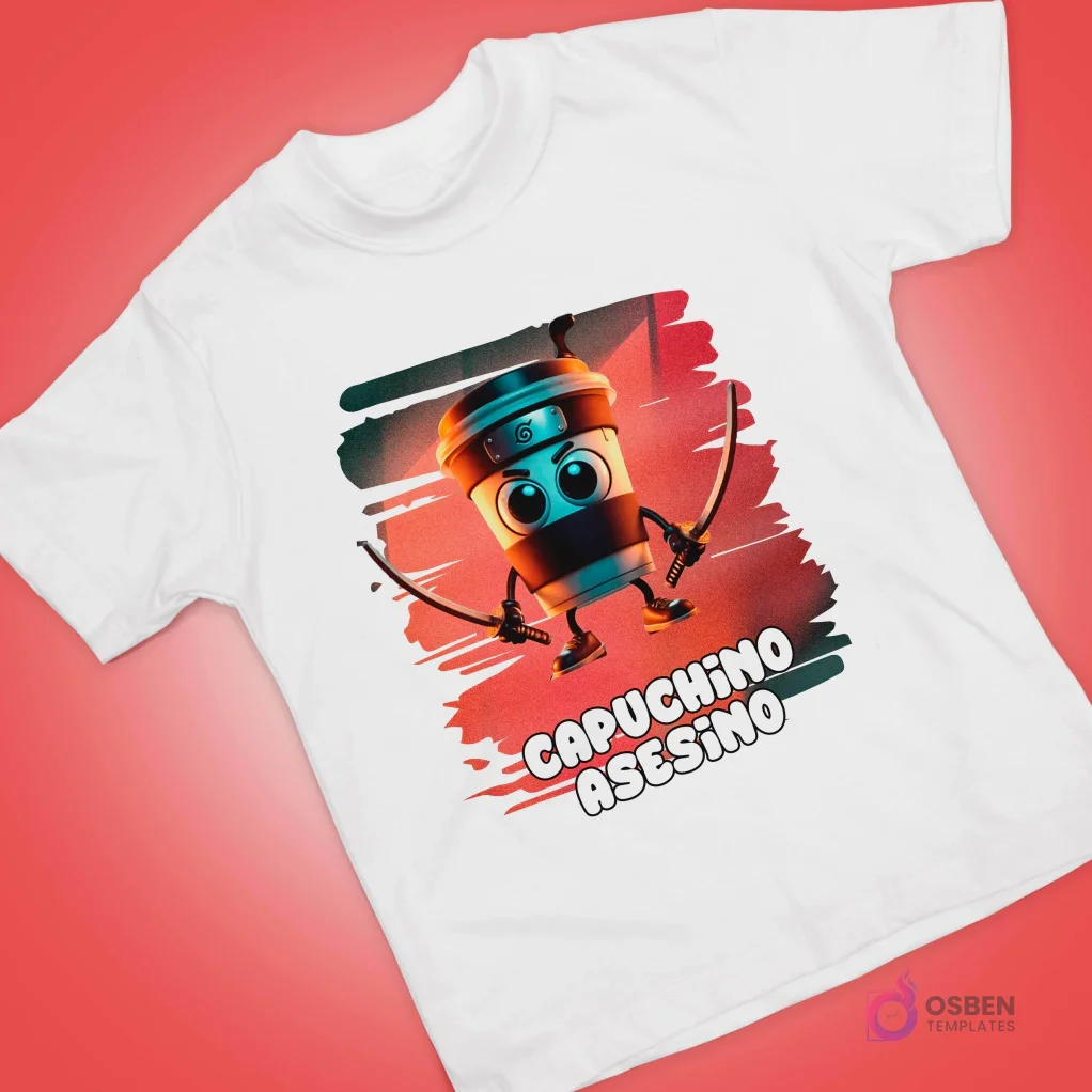 Polera blanca con diseño de taza de café caricaturizada como ninja, empuñando espadas sobre fondo rojo oscuro.