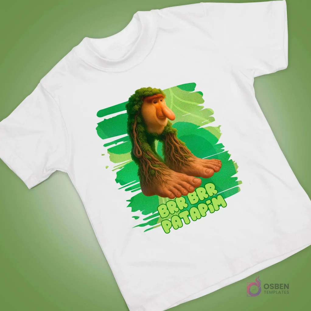 Polera blanca con personaje animado peculiar de nariz grande y pies de raíces verdes, sobre fondo orgánico.