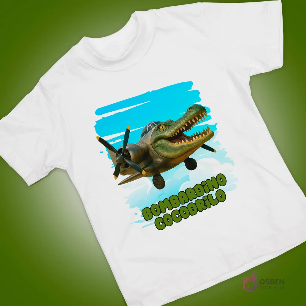 Polera blanca con estampado de cocodrilo animado pilotando un avión de guerra, sobre un cielo azul.
