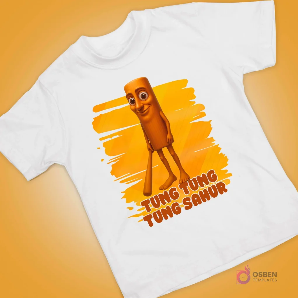 Polera blanca con diseño de personaje animado cilíndrico, naranja, de ojos grandes y sonrisa pícara.