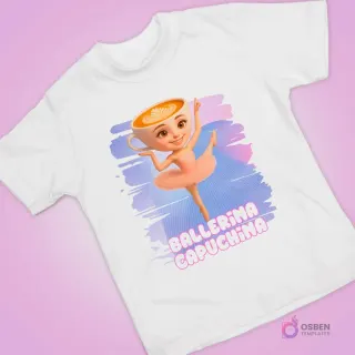Polera blanca con elegante diseño de taza de café caricaturizada como bailarina clásica, fondo suave.