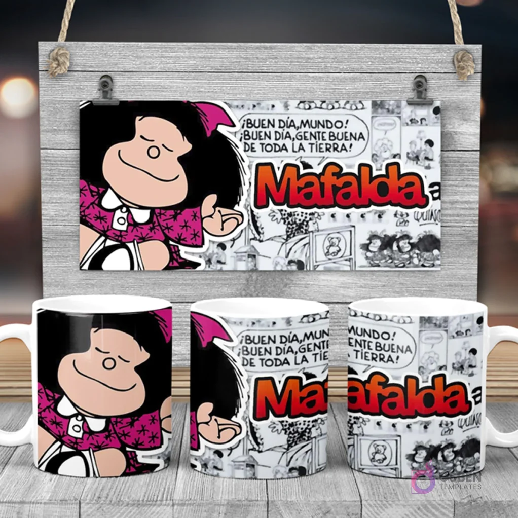 Taza de sublimación con Mafalda dormida y texto de buenos días de su historieta