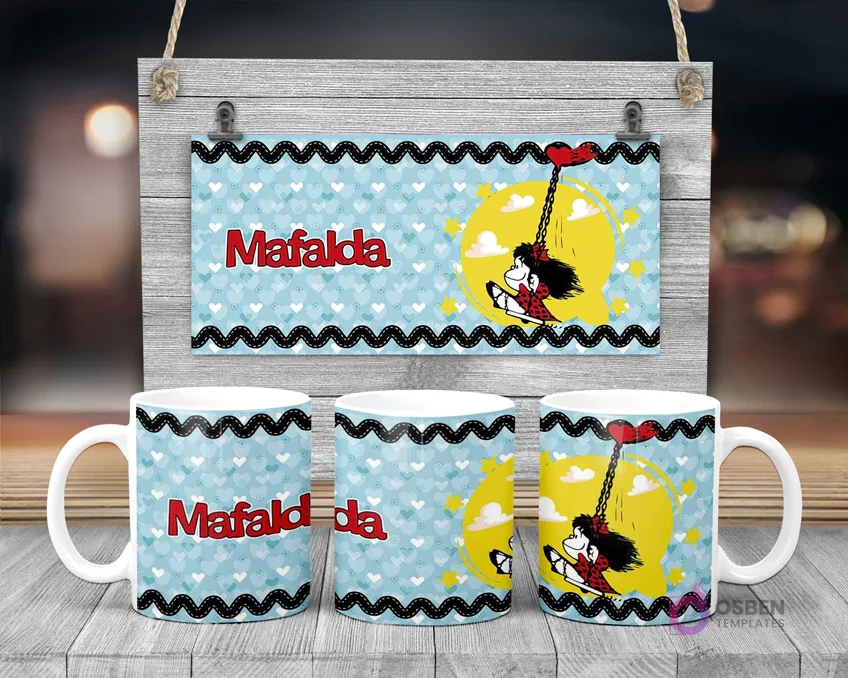Taza de sublimación de Mafalda volando con globo de corazón sobre fondo de cielo estrellado