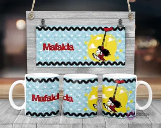 Taza de sublimación de Mafalda volando con globo de corazón sobre fondo de cielo estrellado