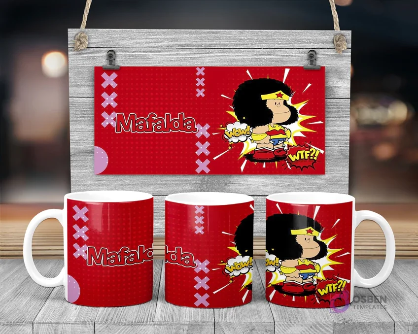 Taza de sublimación con Mafalda disfrazada de Mujer Maravilla y onomatopeyas cómicas