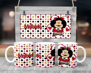 Taza de sublimación con Mafalda sonriente de vestido rojo y fondo de puntos y corazones