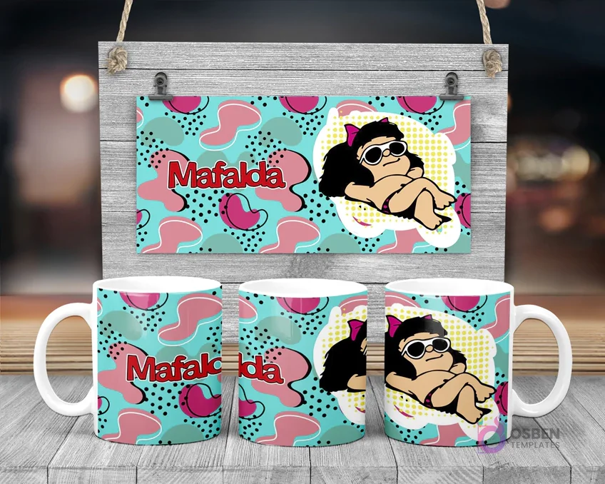 Taza de sublimación de Mafalda relajada con gafas de sol y traje de baño sobre fondo abstracto