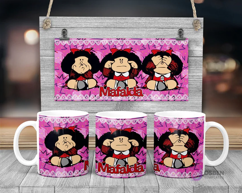 Taza de sublimación de Mafalda en las tres poses de los monos sabios: no veo, no escucho, no hablo