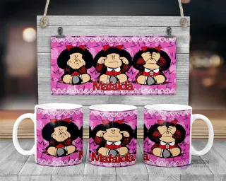 Taza de sublimación de Mafalda en las tres poses de los monos sabios: no veo, no escucho, no hablo