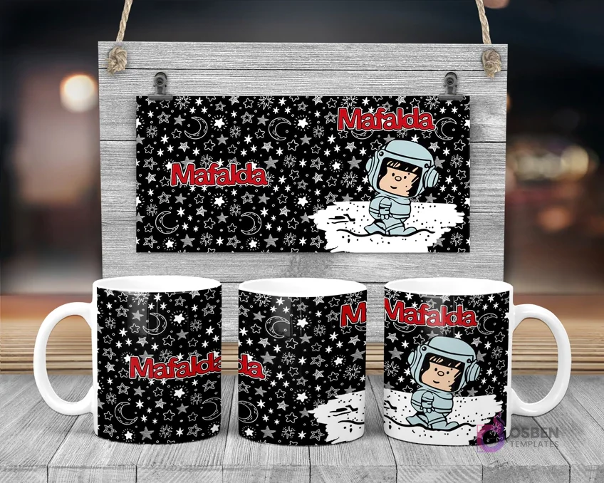 Taza de sublimación de Mafalda astronauta con fondo de estrellas y lunas