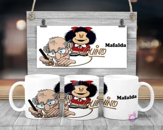 Taza de sublimación con Mafalda y Quino dibujando su personaje