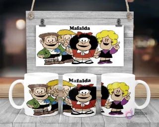 Taza de sublimación de Mafalda con sus amigos Manolito, Susanita, Miguelito y Felipe