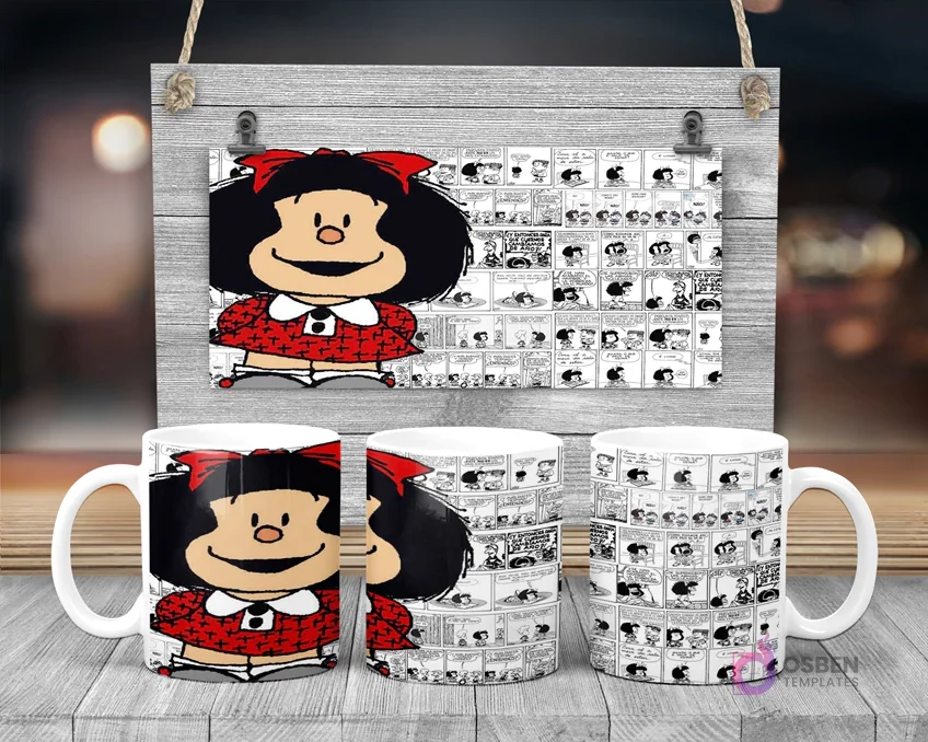 Taza de sublimación con Mafalda sonriente y brazos abiertos sobre fondo de viñetas de cómic