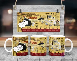 Taza de sublimación con infografía de la cronología de Mafalda y sus personajes, celebrando su cumpleaños